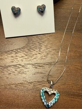 Silver Heart Pendant Necklace and Stud Earrings Set with Blue Accents